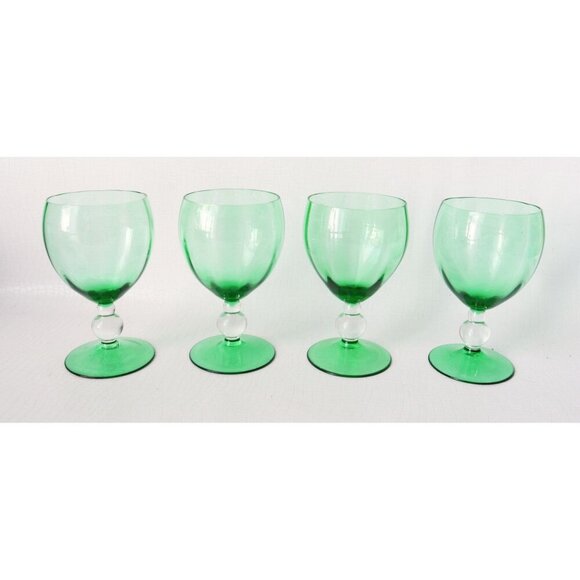 4 Green Hand Blown Wine Glasses Cocktail Clear Bubble Stem Vintage Barware - Picture 2 of 5